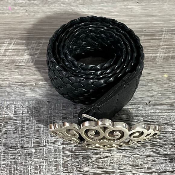Brighton Braided Black Leather Belt Silver Scroll Buckle Size 32 - Picture 6 of 9